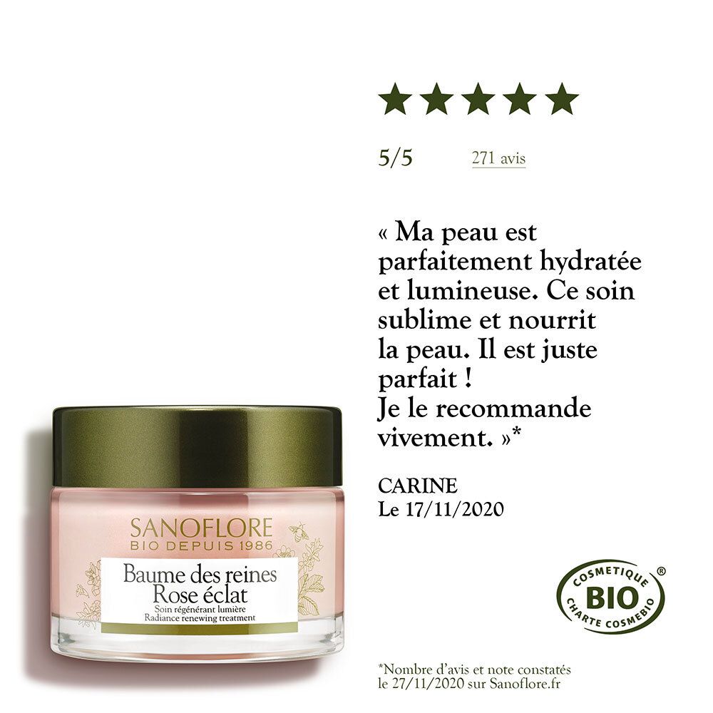 Crème en pot. SANOFLORE, Baume des reines Rose éclat. Avis clients : 5/5 étoiles. Label bio.