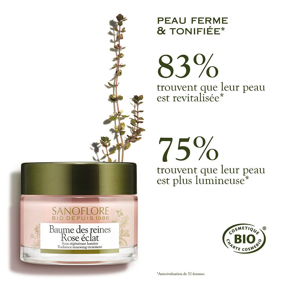 Crème en pot. SANOFLORE, Baume des reines Rose éclat. Résultats en pourcentages. Label bio.