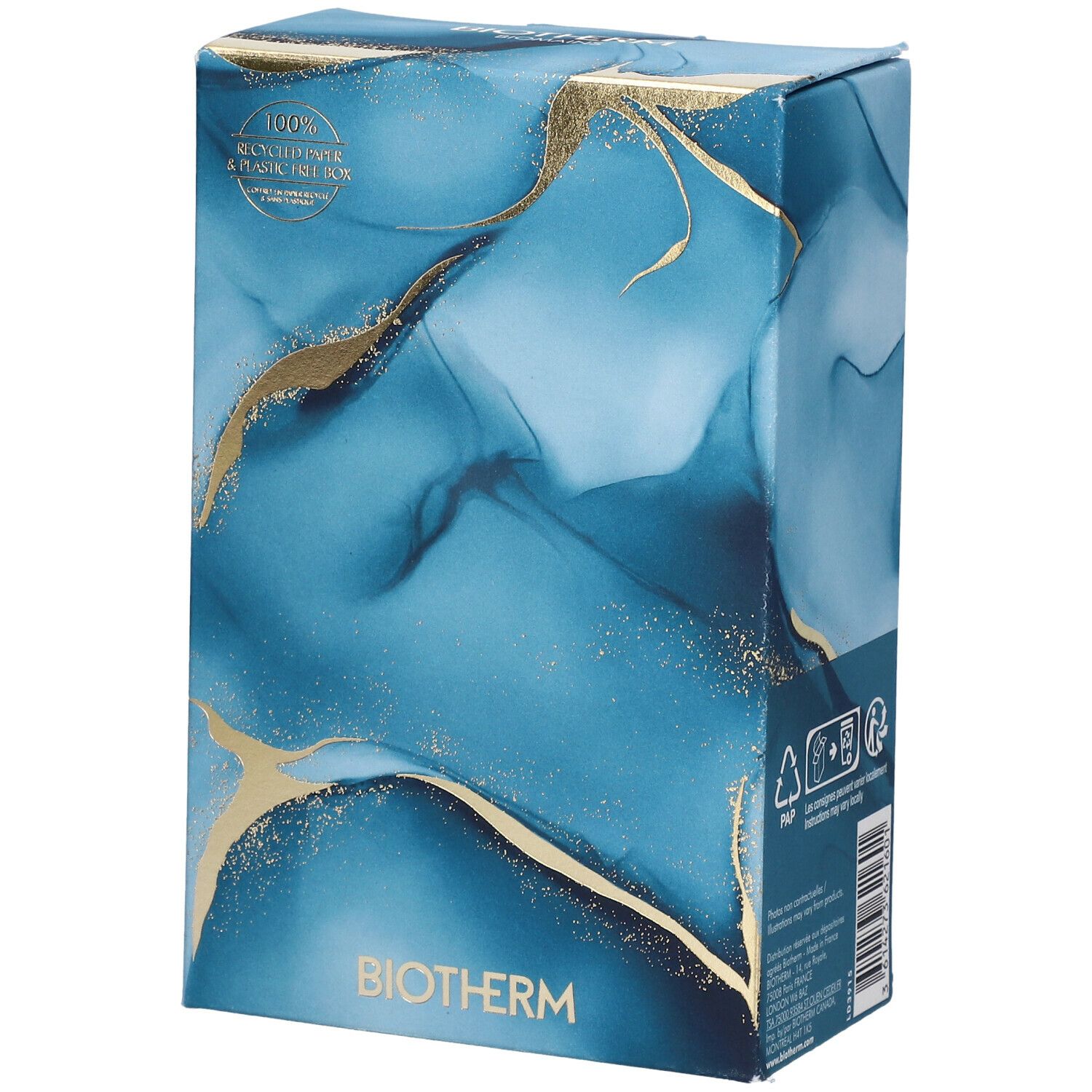 Coffret cadeau bleu et doré. Logo BIOTHERM en bas. Inscription : 100% papier recyclé et boîte sans plastique.