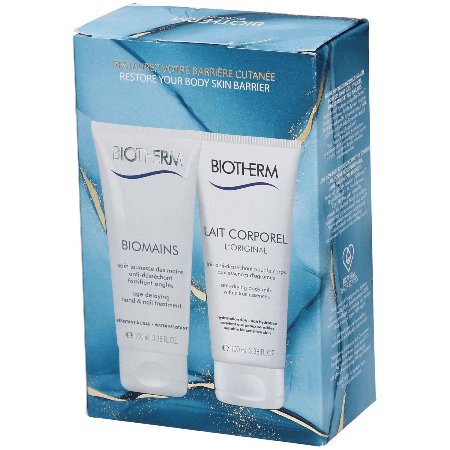 Coffret cadeau avec deux tubes. Logo BIOTHERM. BIOMAINS crème pour les mains et Lait Corporel. Emballage bleu et blanc.