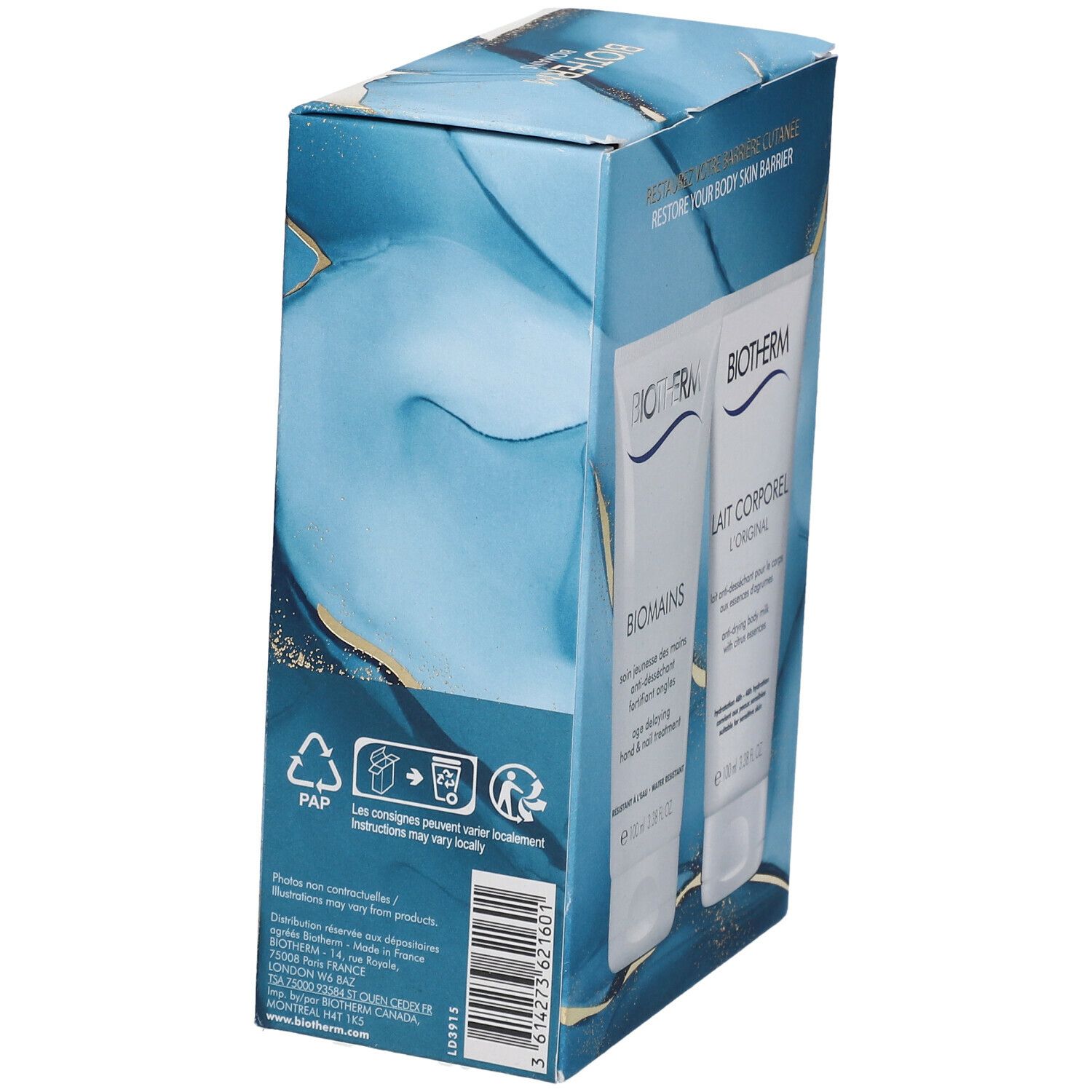 Coffret cadeau avec deux tubes. Logo BIOTHERM. BIOMAINS crème pour les mains et Lait Corporel. Emballage bleu et blanc.