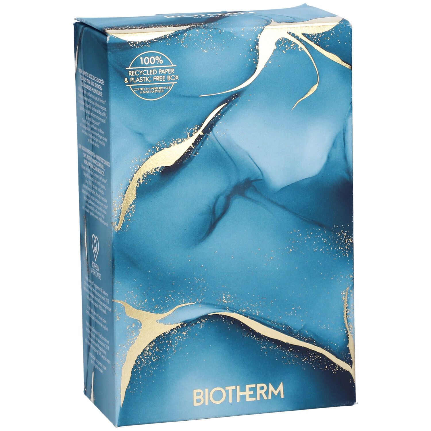 Coffret cadeau bleu et doré. Logo BIOTHERM en bas. Inscription : 100% papier recyclé et boîte sans plastique.