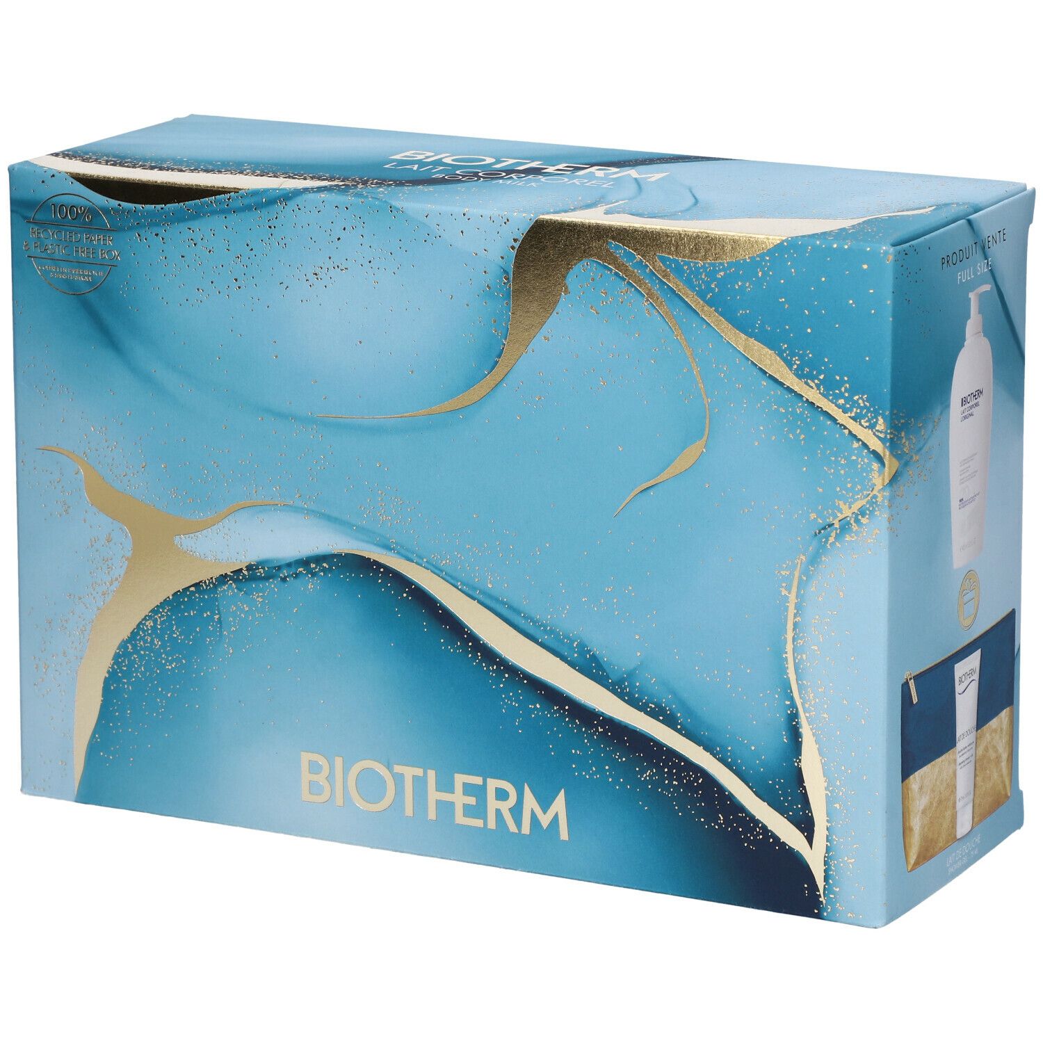Coffret cadeau bleu et doré avec logo BIOTHERM. Inscriptions : Lait Corporel L'Original, image du produit.