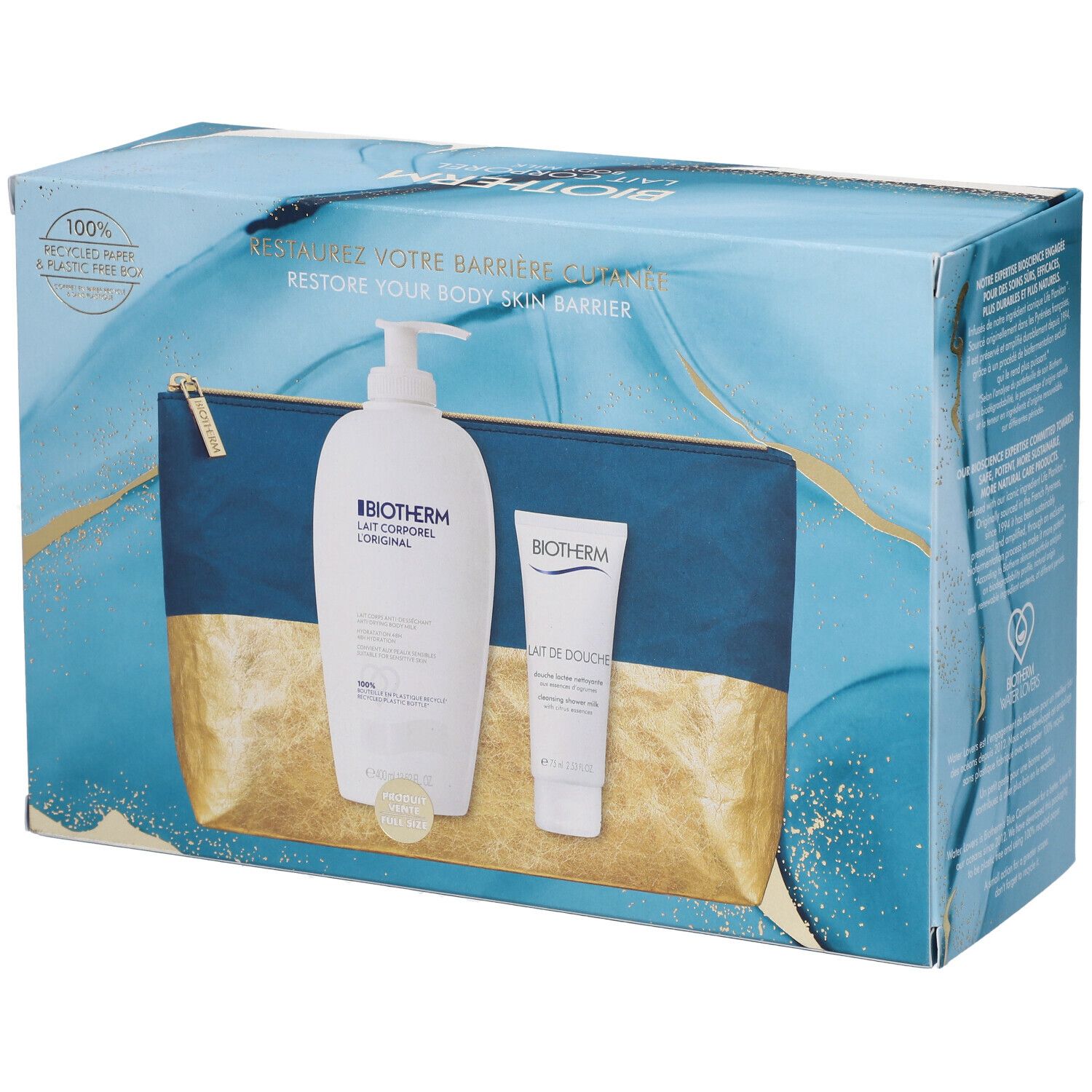 Coffret cadeau avec flacon et tube dans une trousse de toilette bleue. Logo BIOTHERM et noms de produits visibles.