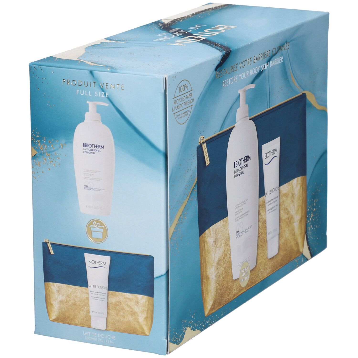 Coffret cadeau avec flacon, tube et trousse de toilette. Logo BIOTHERM et noms de produits clairement visibles.