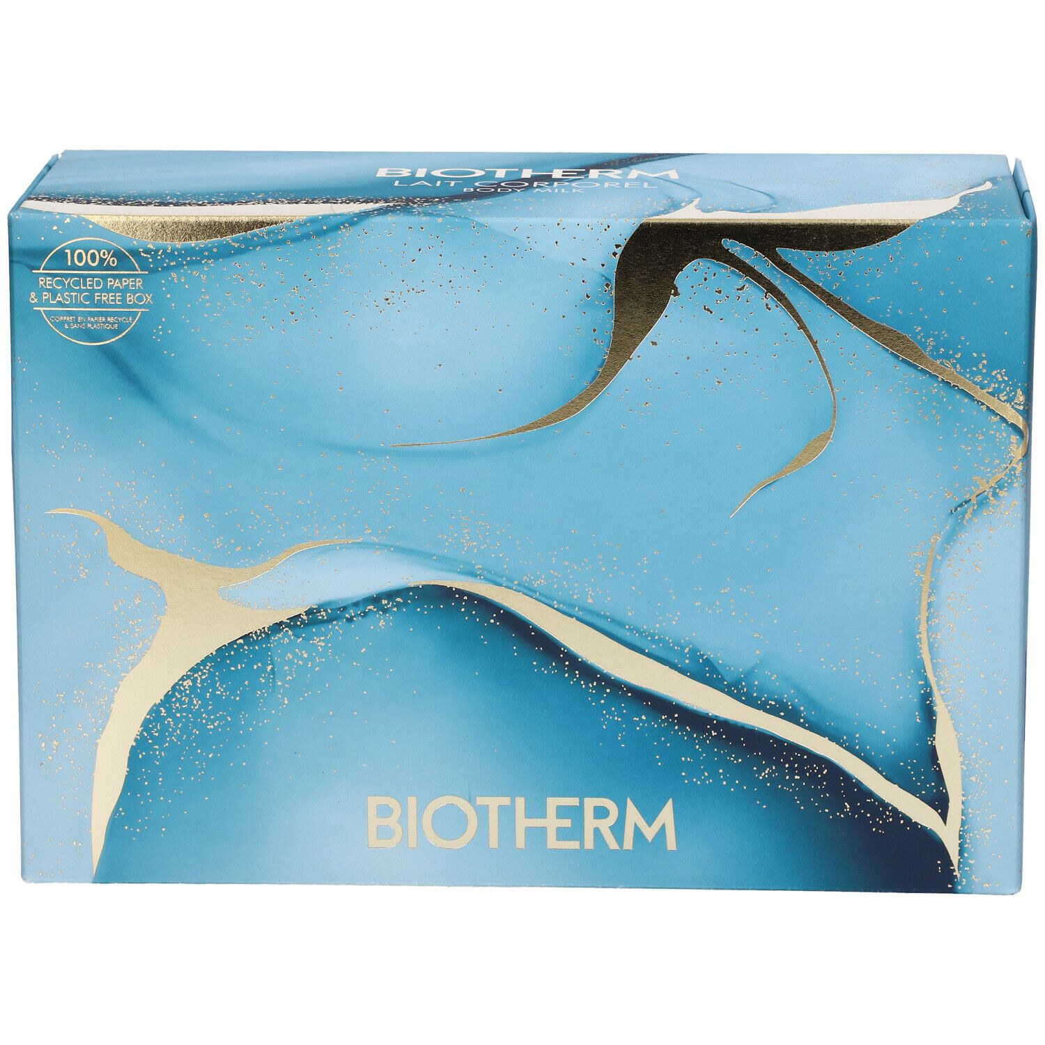 Coffret cadeau bleu et doré avec logo BIOTHERM. Inscription : 100% papier recyclé et boîte sans plastique.