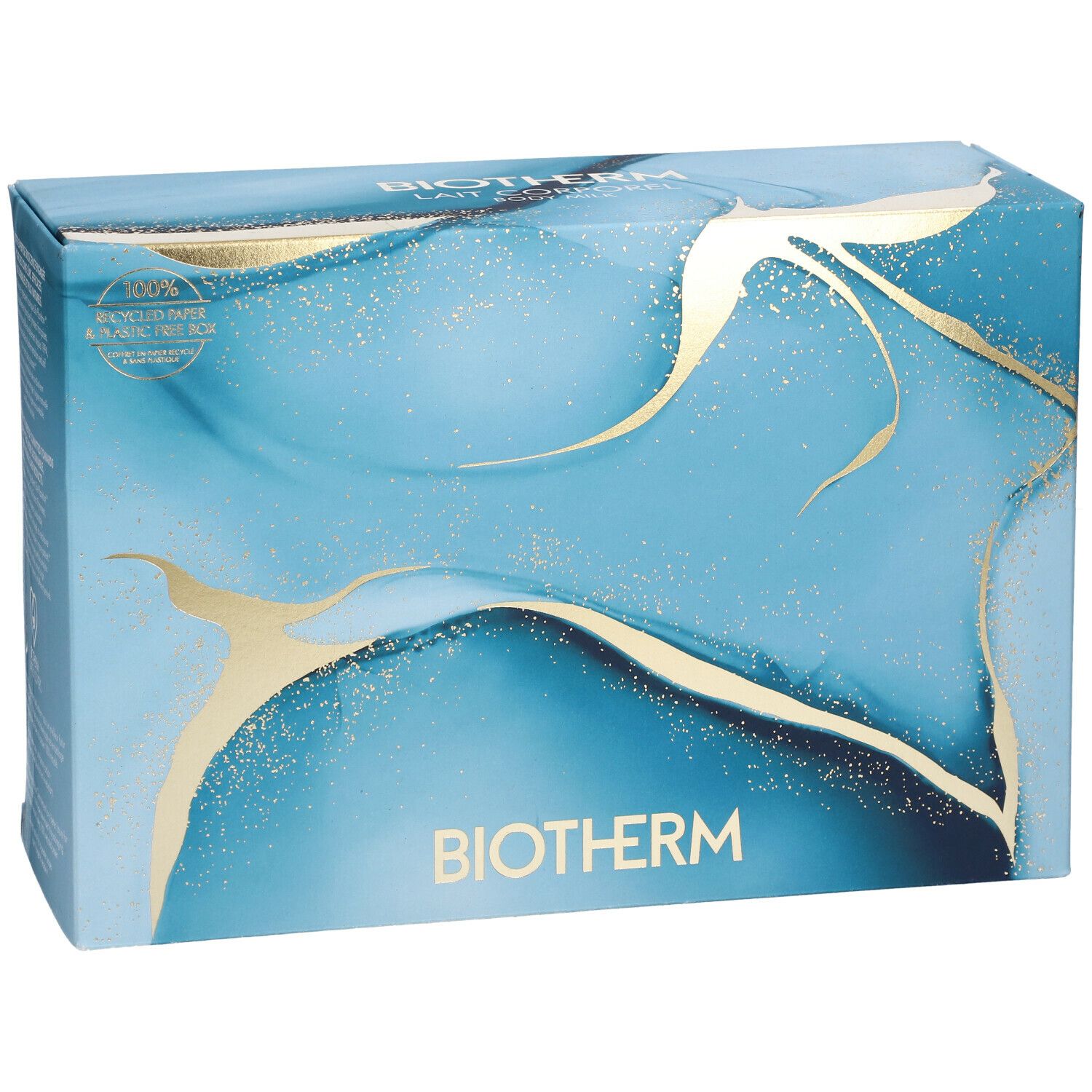 Coffret cadeau bleu et doré avec logo BIOTHERM. Inscription : 100% papier recyclé et boîte sans plastique.