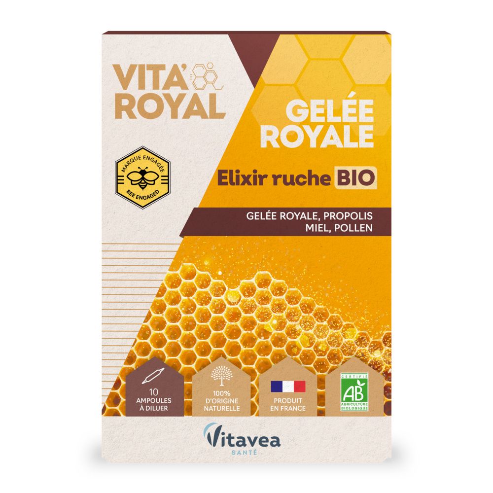 Boîte de VITA'ROYAL Gelée royale Elixir ruche BIO. 10 ampoules à diluer, label bio, origine France.