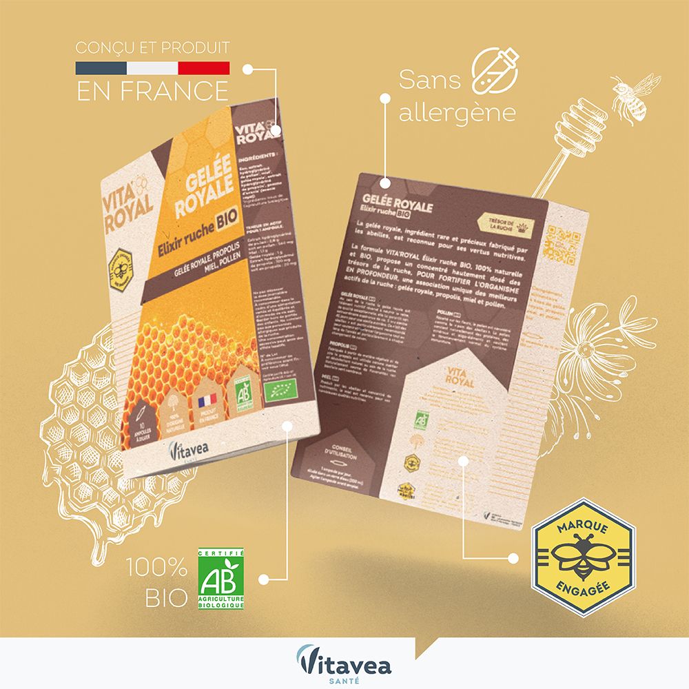 Deux boîtes de VITA'ROYAL Gelée royale Elixir ruche BIO. Fabriqué en France, label bio, Bee Engaged.