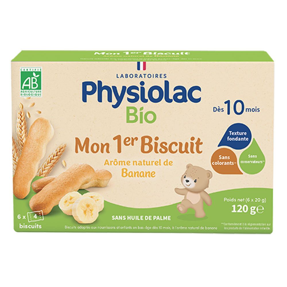 Boîte de biscuits Physiolac Bio Mon 1er Biscuit Banane. 6 x 4 biscuits. Label AB. Pour bébés dès 10 mois.