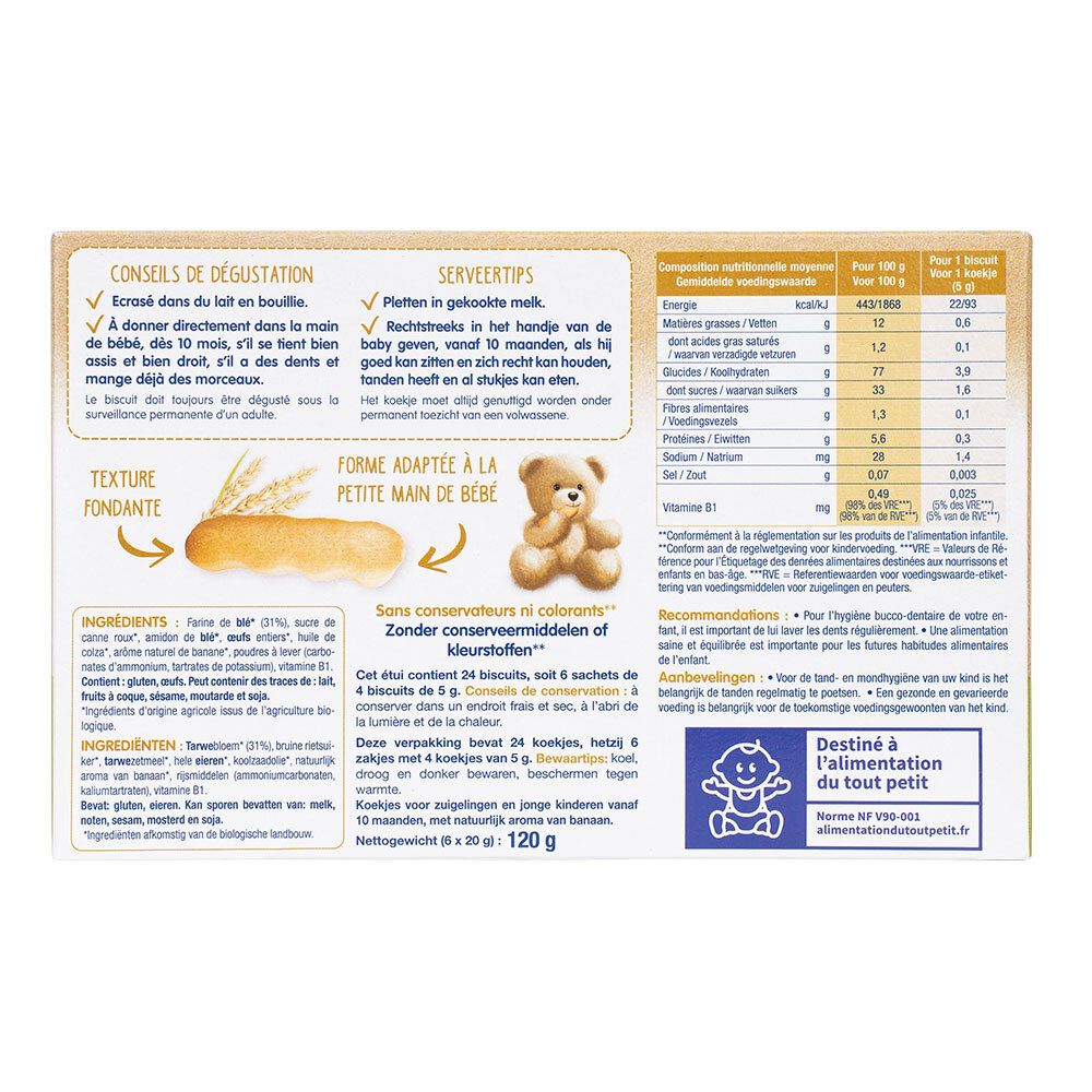 Dos de la boîte de biscuits Physiolac Bio Mon 1er Biscuit Banane. Informations nutritionnelles et liste des ingrédients.