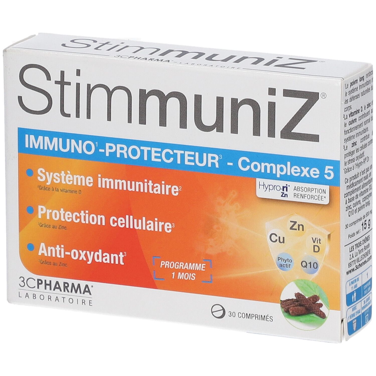 Boîte de complément alimentaire StimmuniZ. Inscription: IMMUNO-PROTECTEUR - Complexe 5. Contient 30 comprimés. Marque: 3C PHARMA.