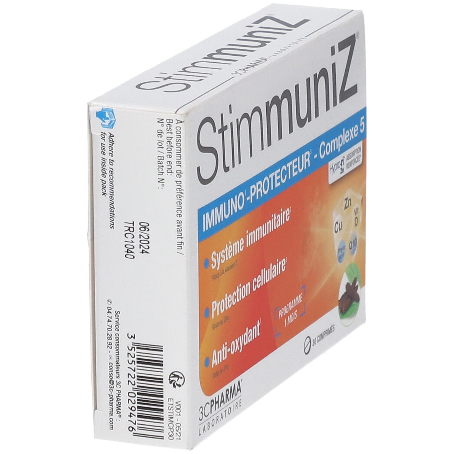 Boîte StimmuniZ, vue latérale. Inscription: IMMUNO-PROTECTEUR - Complexe 5. Contient 30 comprimés. Marque: 3C PHARMA. Date de péremption: 06/2024.
