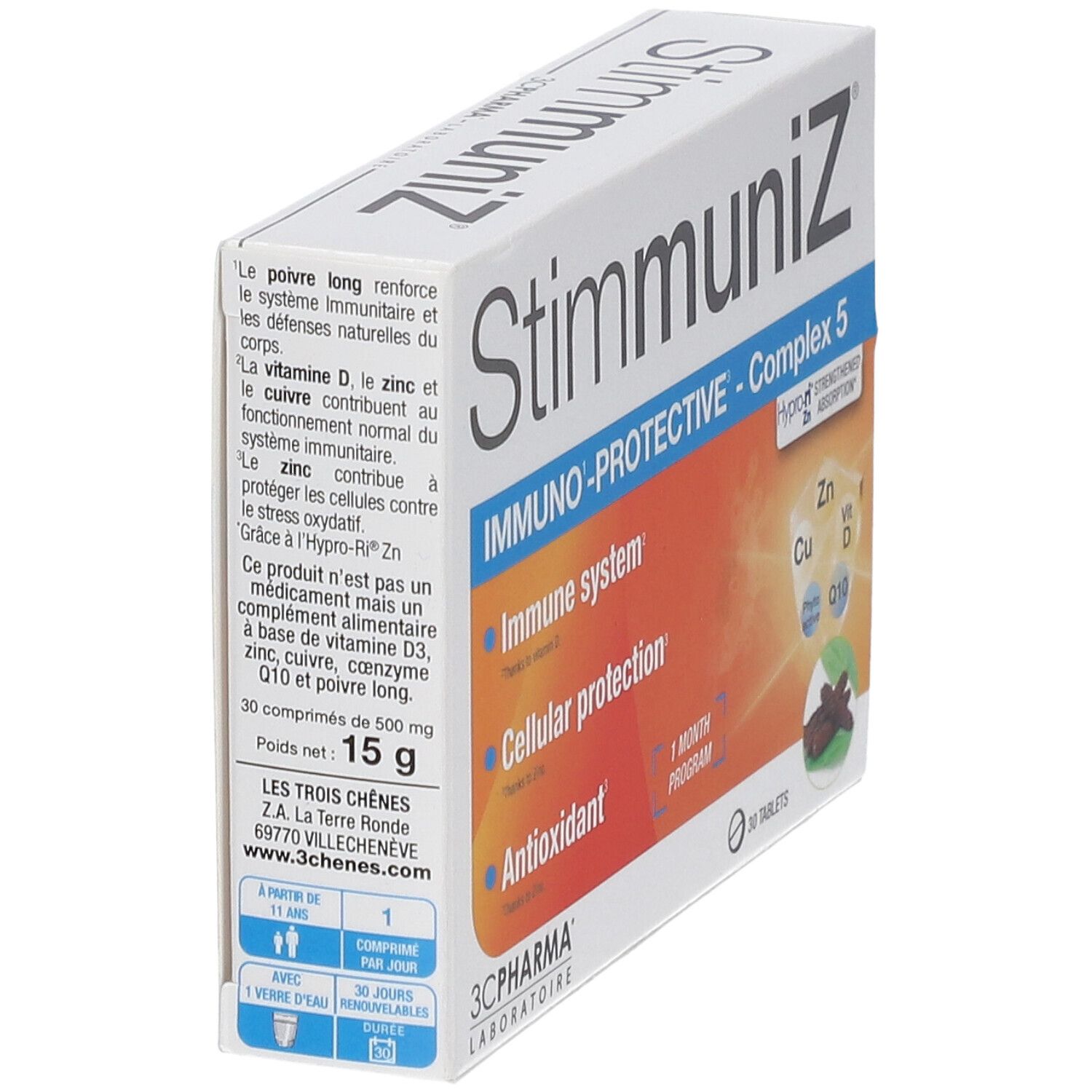 Boîte StimmuniZ, vue en biais. Inscription: IMMUNO-PROTECTIVE - Complexe 5. Contient 30 comprimés. Marque: 3C PHARMA. Poids: 15 g.