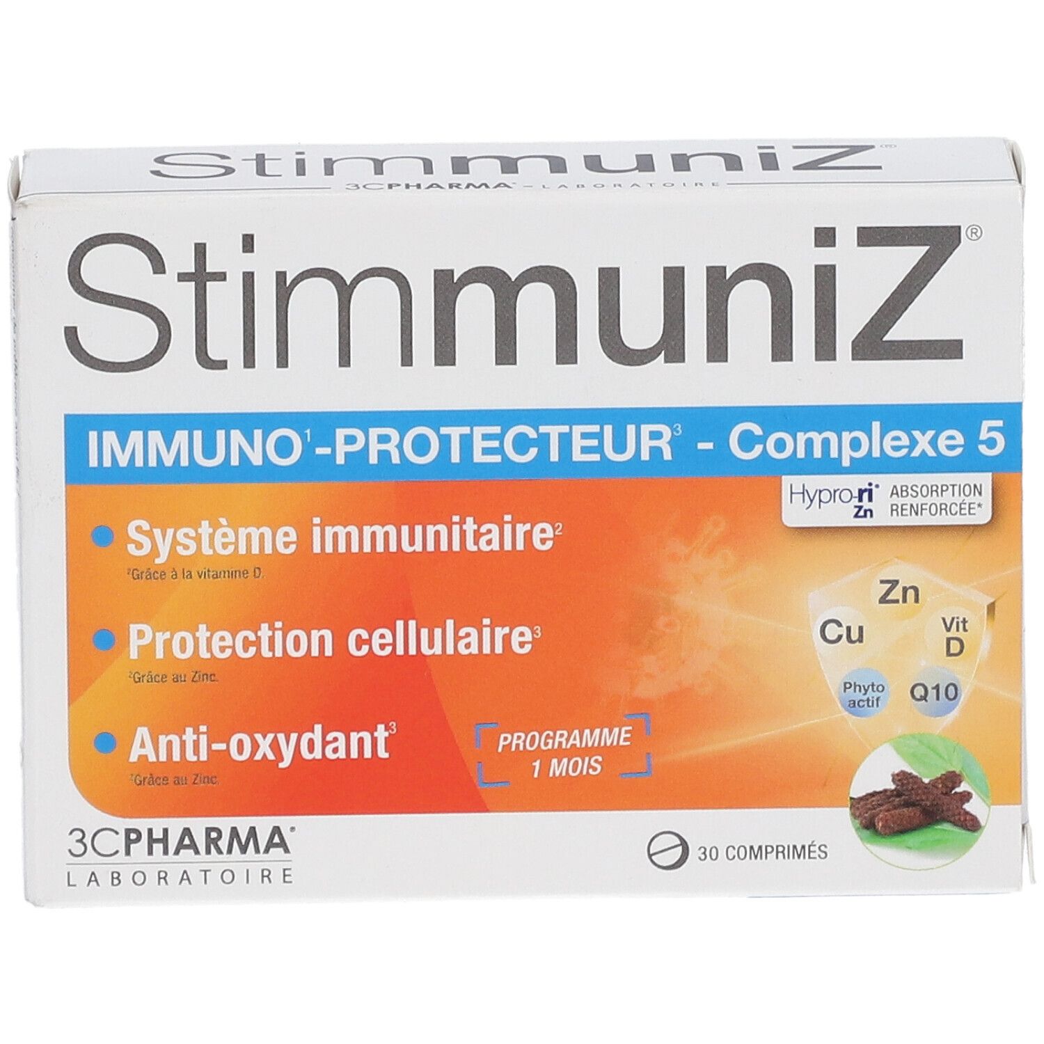 Boîte de complément alimentaire StimmuniZ. Inscription: IMMUNO-PROTECTEUR - Complexe 5. Contient 30 comprimés. Marque: 3C PHARMA.