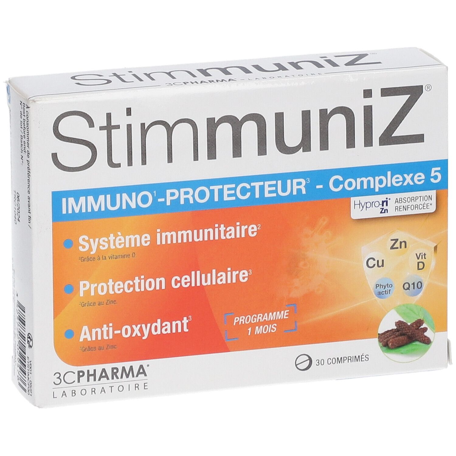 Boîte de complément alimentaire StimmuniZ. Inscription: IMMUNO-PROTECTEUR - Complexe 5. Contient 30 comprimés. Marque: 3C PHARMA.