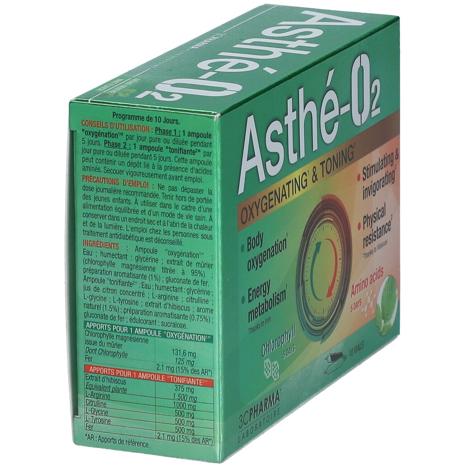 Boîte verte Asthé-O2. Texte: OXYGENATING & TONING. Ingrédients et instructions. Marque: 3C PHARMA.