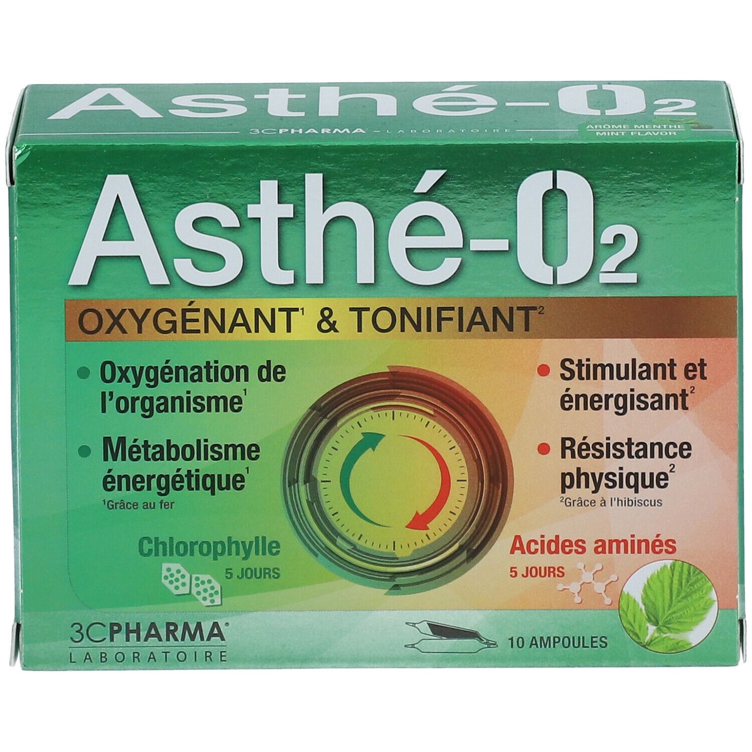 Boîte verte Asthé-O2. Texte: OXYGENANT & TONIFIANT. Contient 10 ampoules. Diagramme avec flèches. Marque: 3C PHARMA.