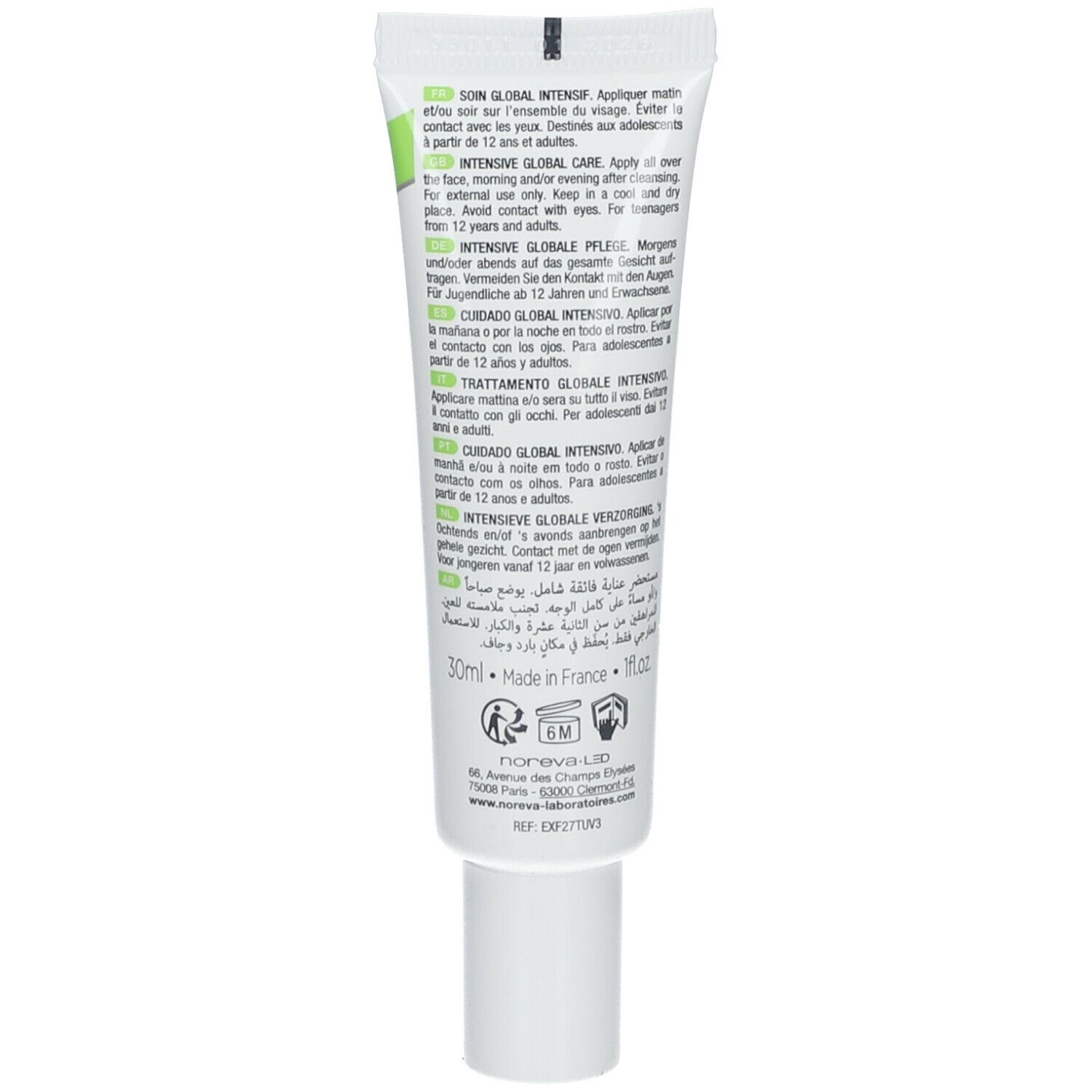Tube de crème avec texte. Inscription: SOIN GLOBAL INTENSIF. 30ml. Fabriqué en France. Tube blanc avec accent vert.