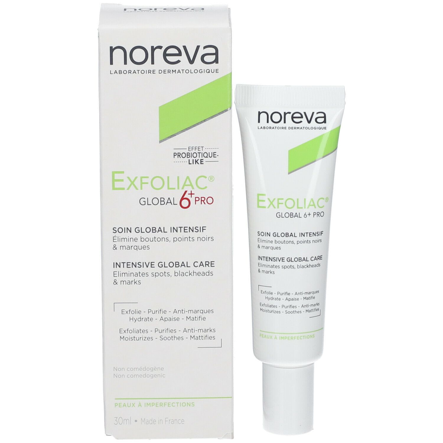 Emballage produit avec tube. Inscription: Exfoliac Global 6 Pro. Élimine boutons, points noirs & marques. 30ml. Fabriqué en France.