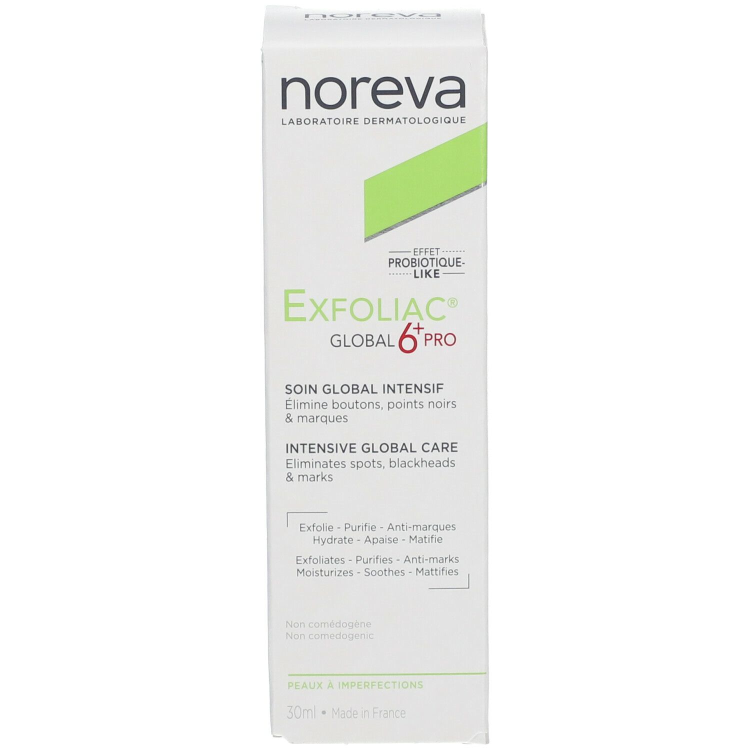 Emballage produit. Inscription: Exfoliac Global 6 Pro. Élimine boutons, points noirs & marques. 30ml. Fabriqué en France. Blanc avec vert.