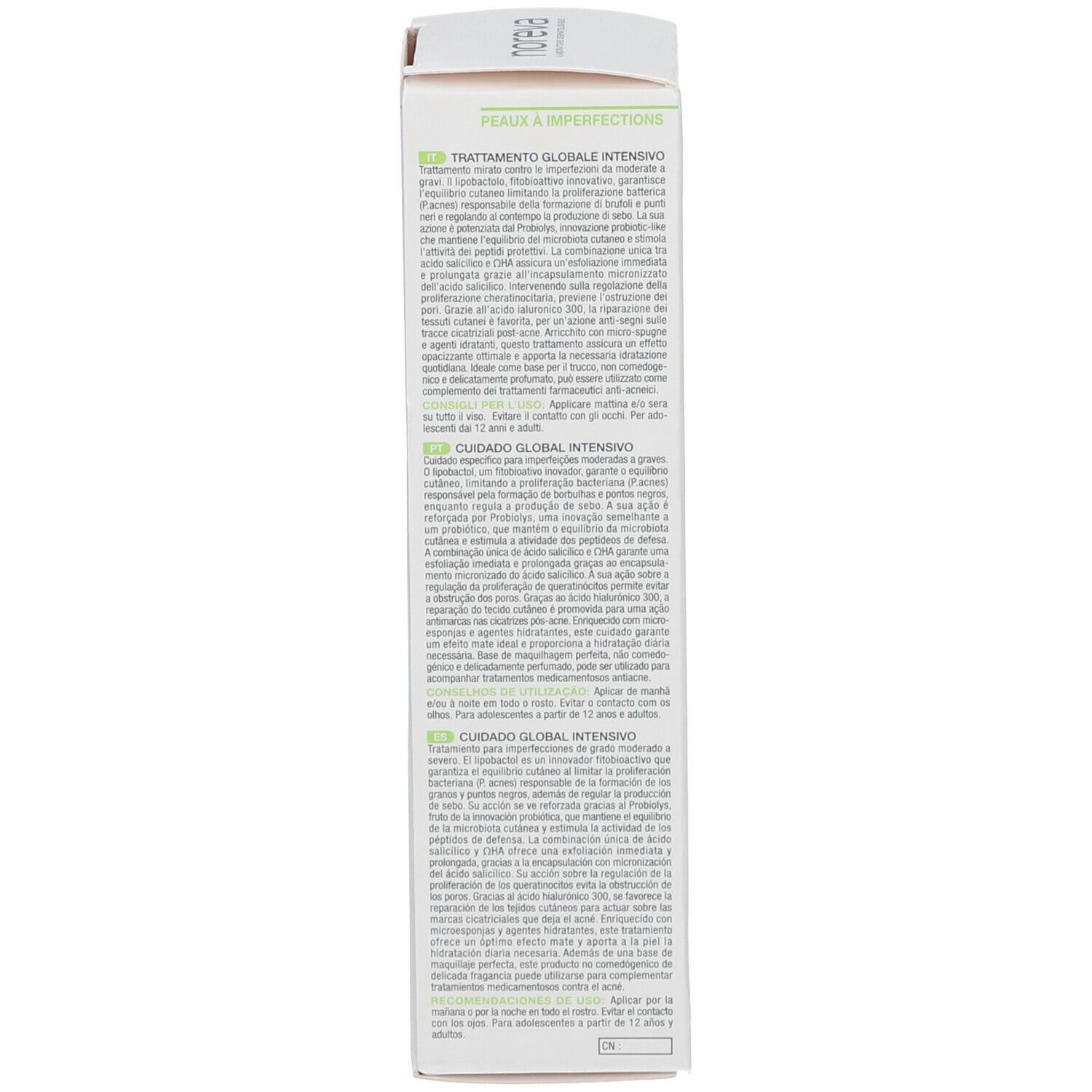 Emballage produit, dos. Texte en plusieurs langues. Inscription: CUIDADO GLOBAL INTENSIVO. Peaux à imperfections. Blanc.