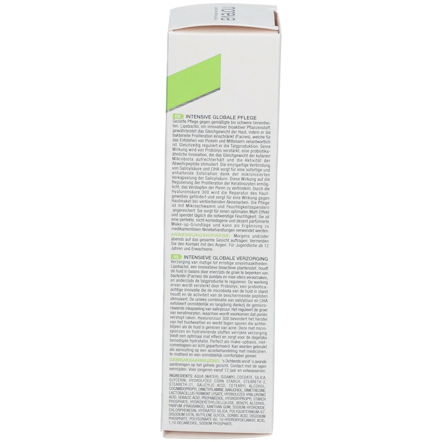 Emballage produit, côté. Texte en plusieurs langues. Inscription: INTENSIVE GLOBALE PFLEGE. Blanc avec accent vert.