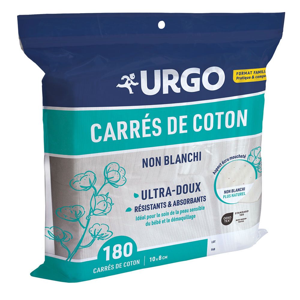 Paquet de carrés de coton URGO. 180 carrés non blanchis, 10x8 cm. Ultra-doux, résistants et absorbants.