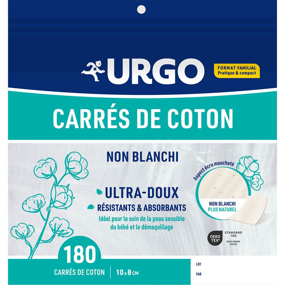 Paquet de carrés de coton URGO. 180 carrés non blanchis, 10x8 cm. Ultra-doux, résistants et absorbants.