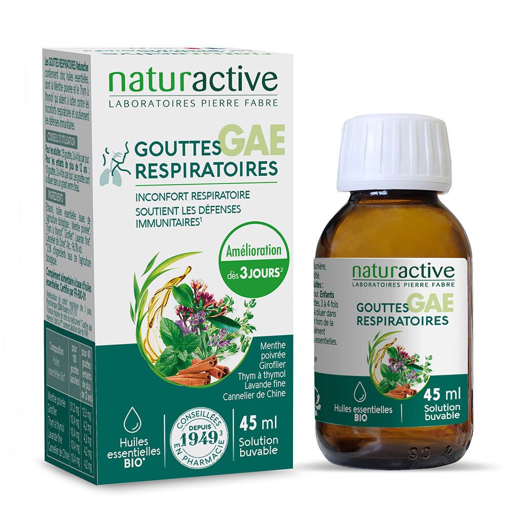Boîte de Les Gouttes aux Essences. Ingrédients: Cannelle, menthe poivrée, thym, lavande. Complément alimentaire.