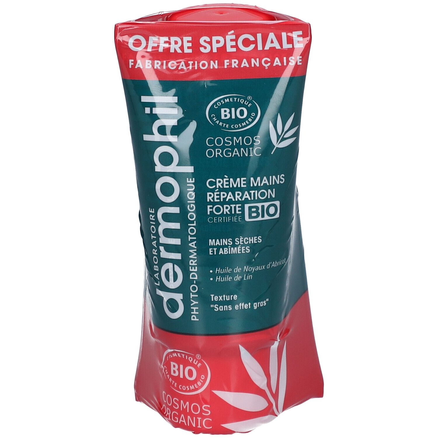 Tube de crème mains emballé, design vert et rouge. Logos et texte. Certifications: Cosmos Organic, Bio. Fabrication française.