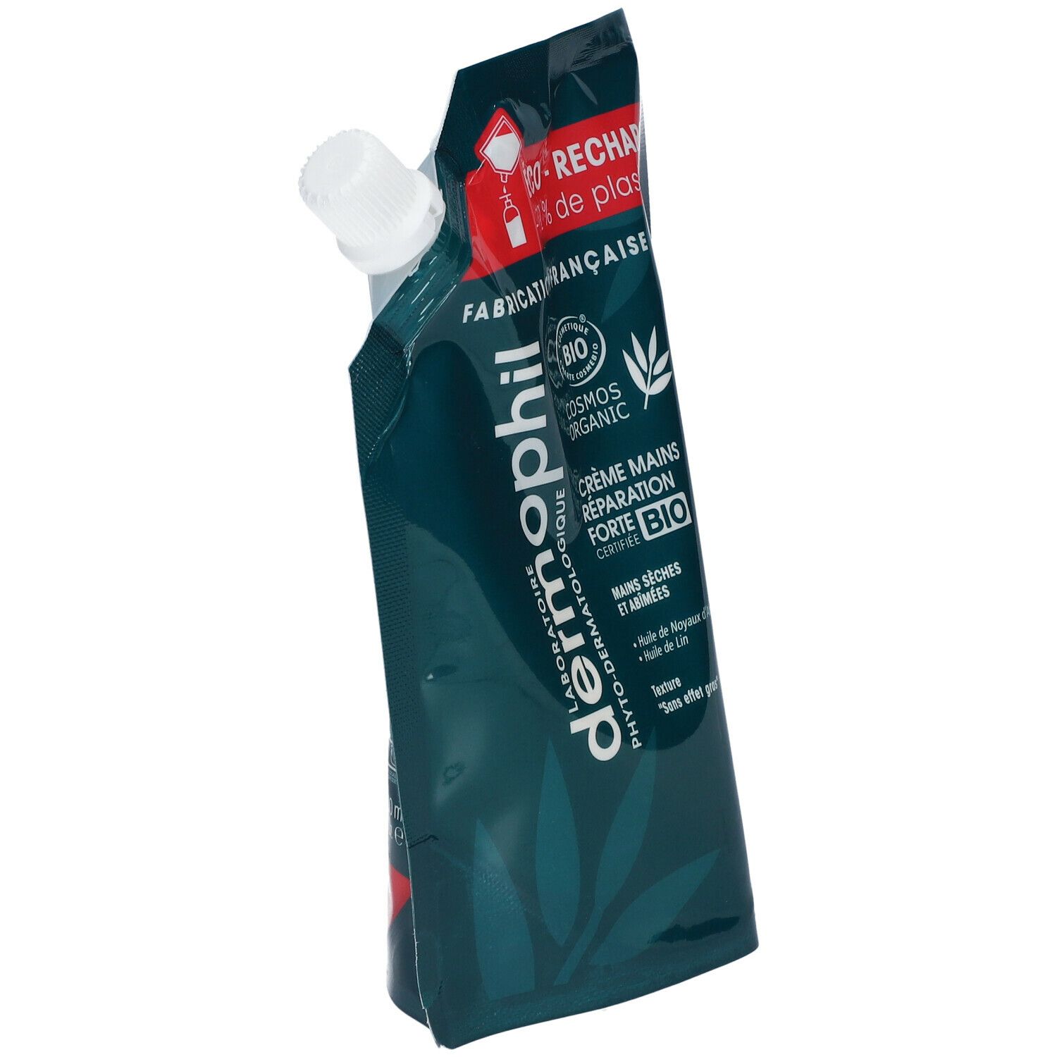 Recharge de crème pour les mains en biais. Vert foncé avec bouchon blanc. Texte et logos blancs et rouges. Certification Bio.
