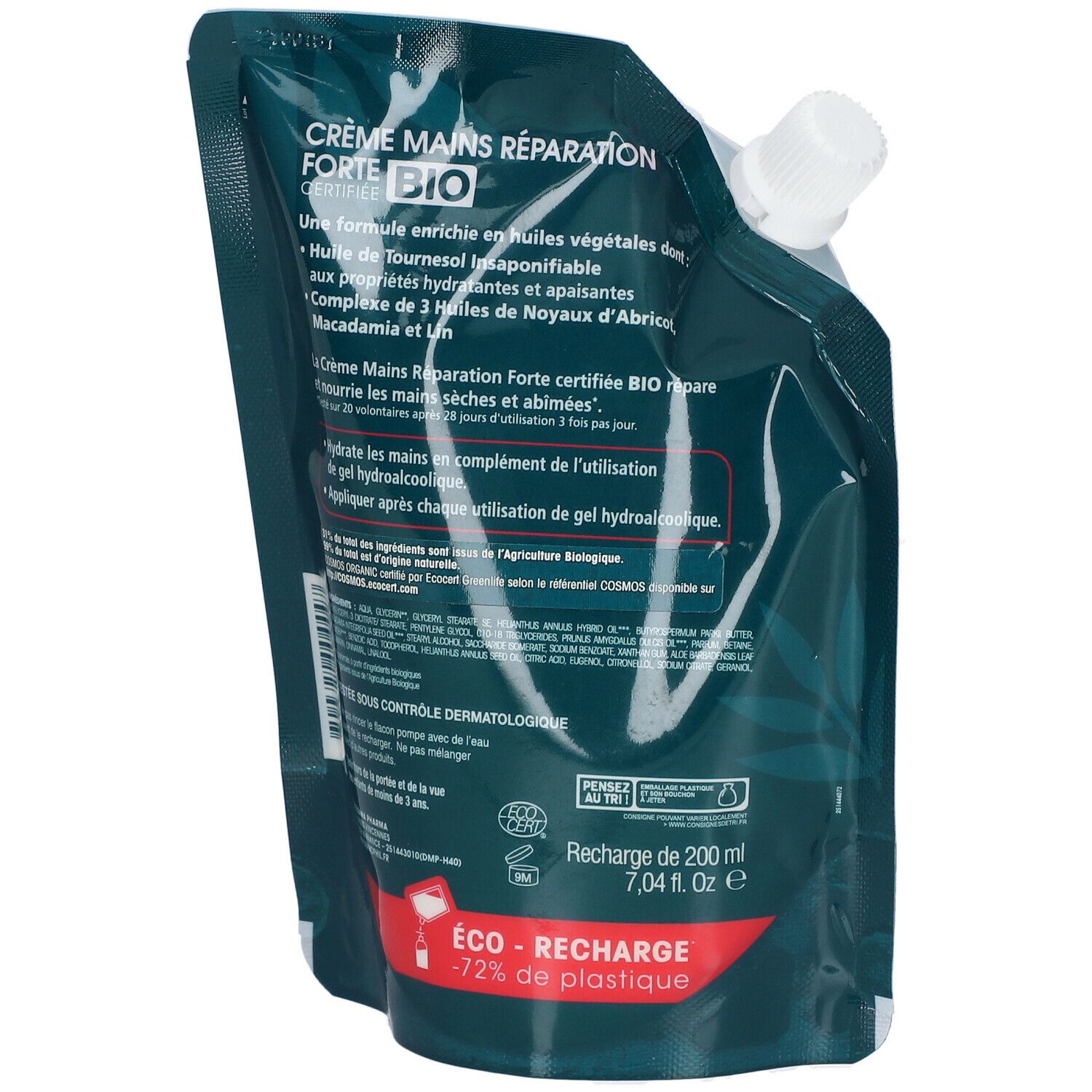 Dos de la recharge de crème pour les mains. Texte blanc. Certification Bio. Volume : 200 ml.