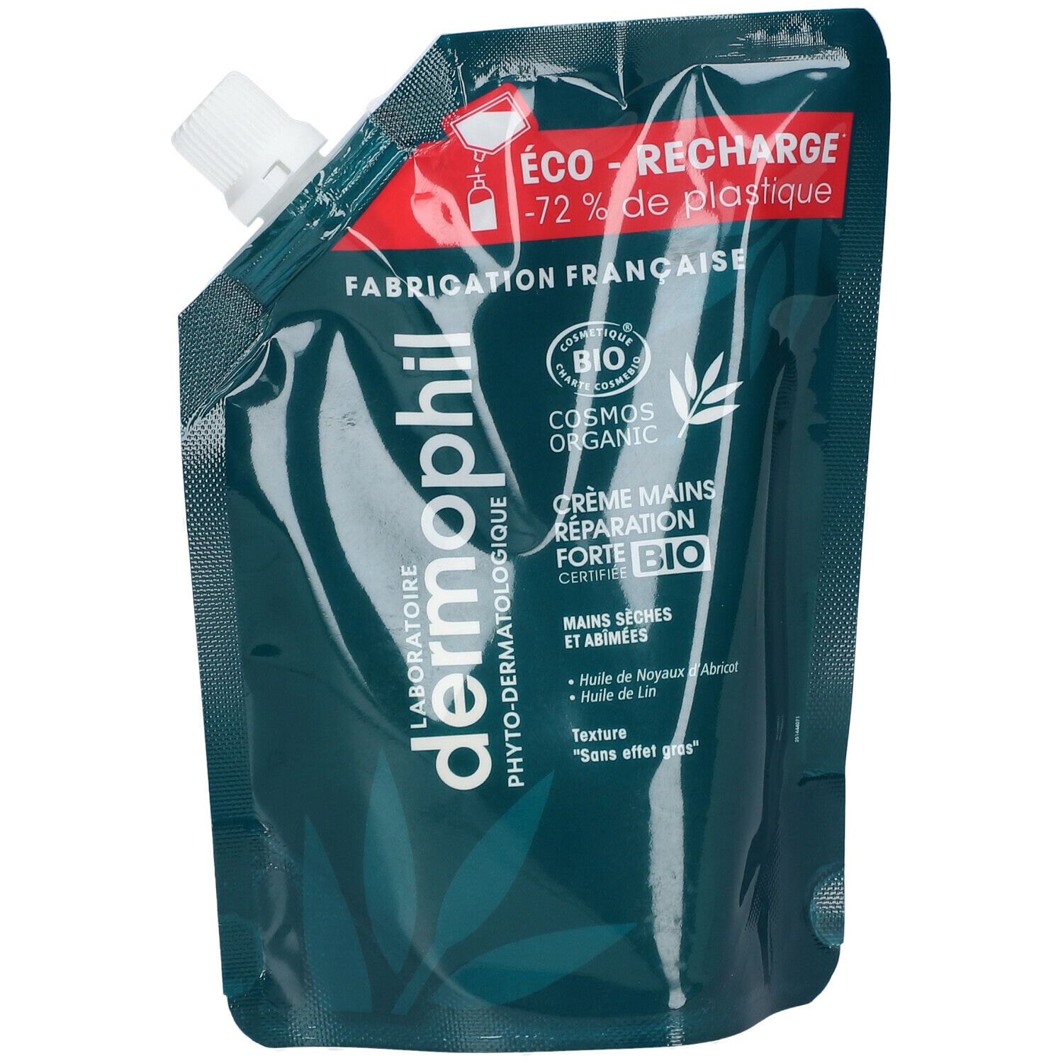 Recharge de crème pour les mains. Vert foncé avec bouchon blanc. Texte et logos blancs et rouges. Certification Bio.
