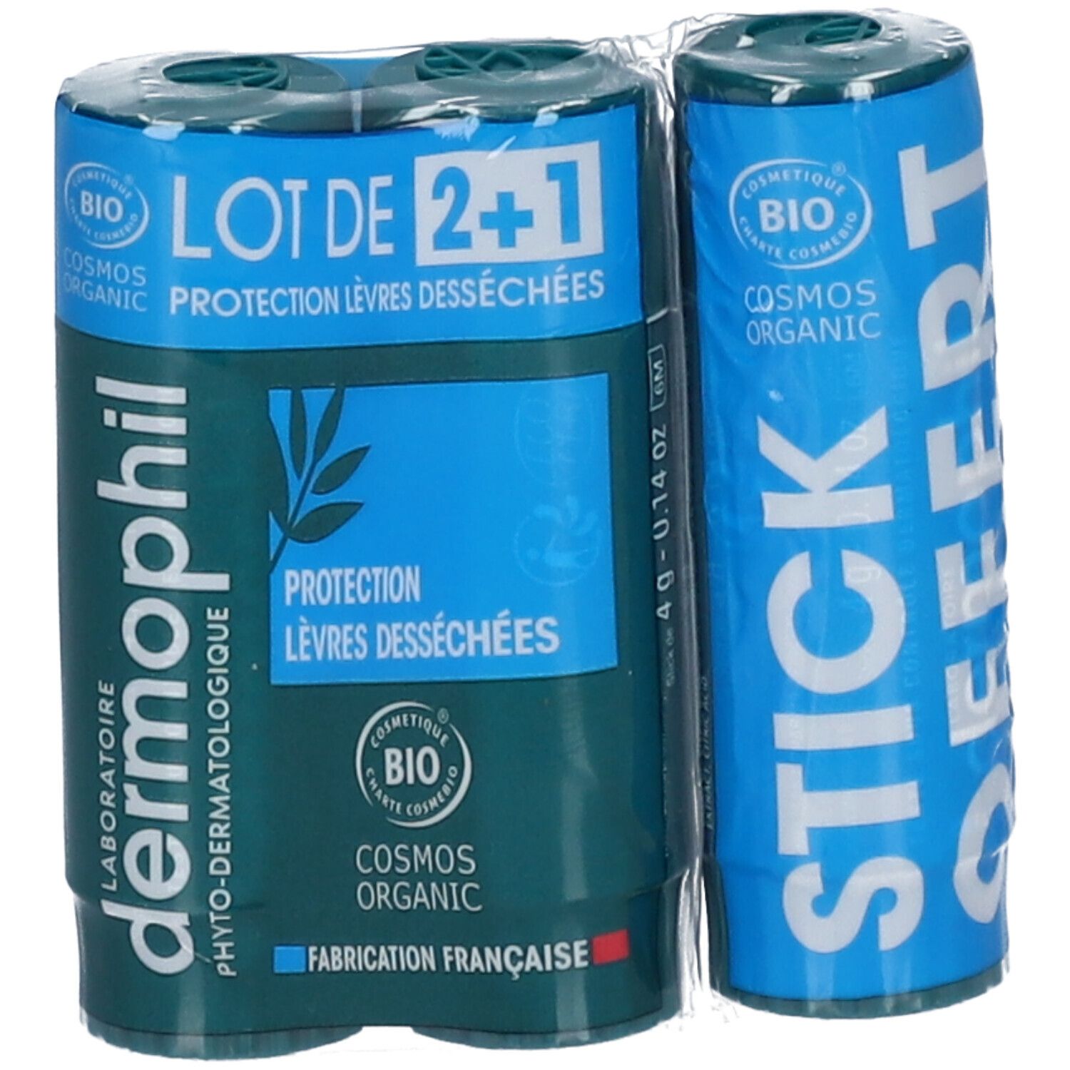 Deux sticks de soin pour les lèvres emballés. Logo "dermophil", mentions "LOT DE 2+1" et "STICK OFFERT" sur fond bleu.