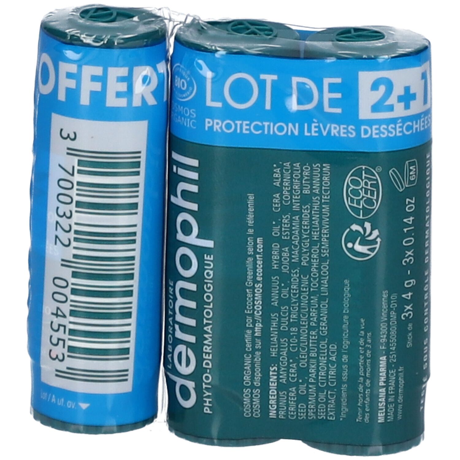 Deux sticks de soin pour les lèvres emballés. Logo "dermophil", "LOT DE 2+1" et informations produit sur fond bleu.