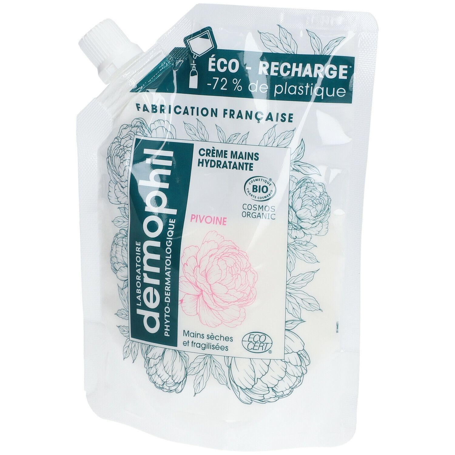 Recharge de crème pour les mains. Sachet blanc avec bouchon à vis. Inscription: Dermophil, Pivoine, certification Bio.