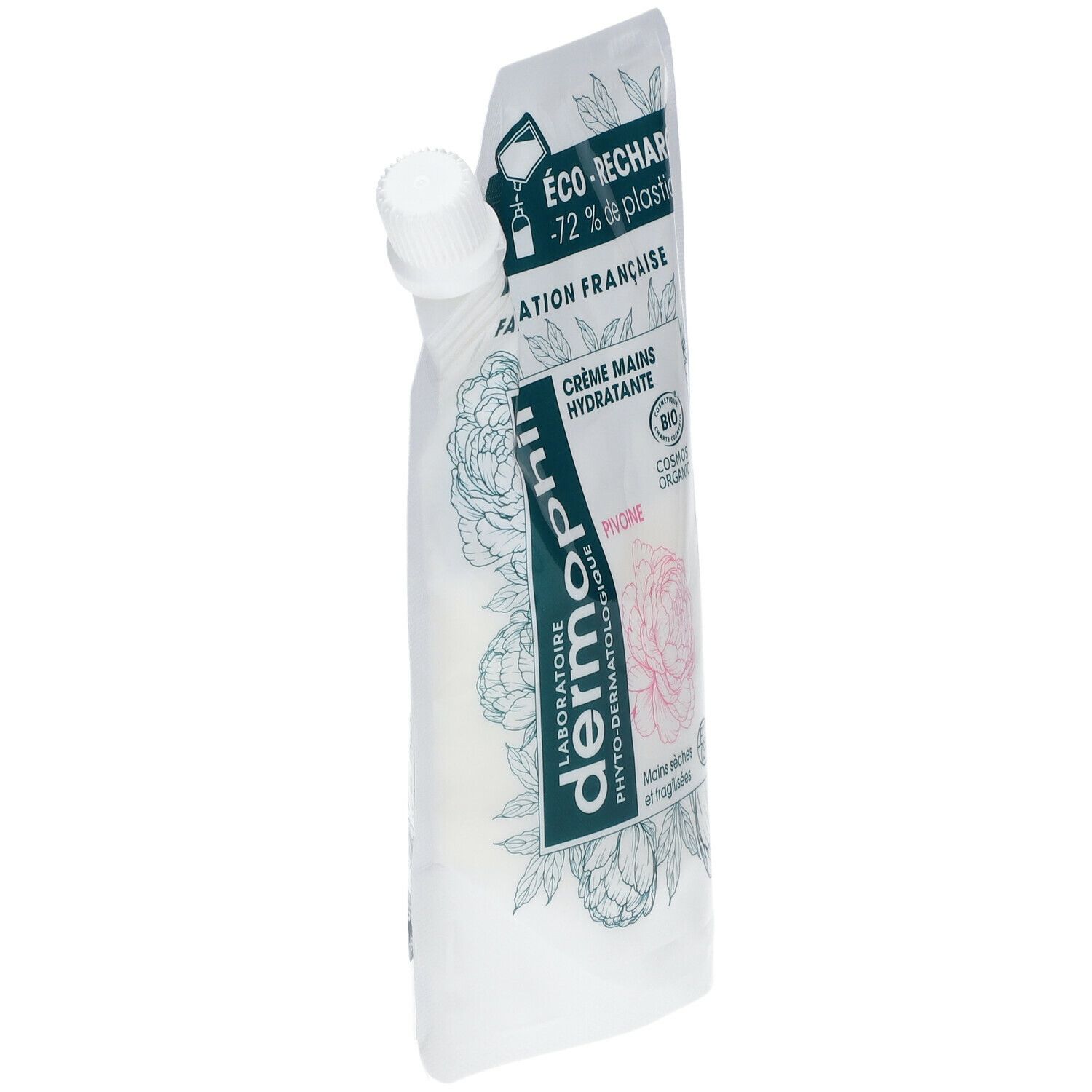 Recharge de crème pour les mains, en biais. Sachet blanc avec bouchon à vis. Inscription: Dermophil, Pivoine, Bio.