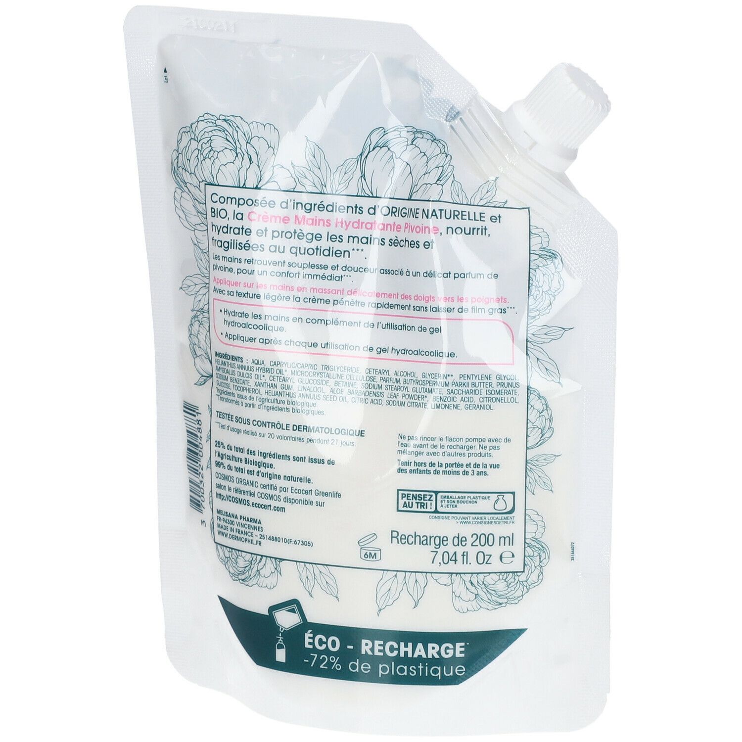 Dos du sachet de recharge. Texte: ingrédients, instructions d'utilisation, certification Bio, informations fabricant.
