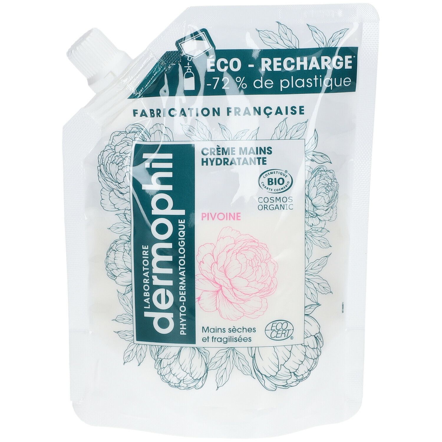 Recharge de crème pour les mains. Sachet blanc avec bouchon à vis. Inscription: Dermophil, Pivoine, certification Bio.