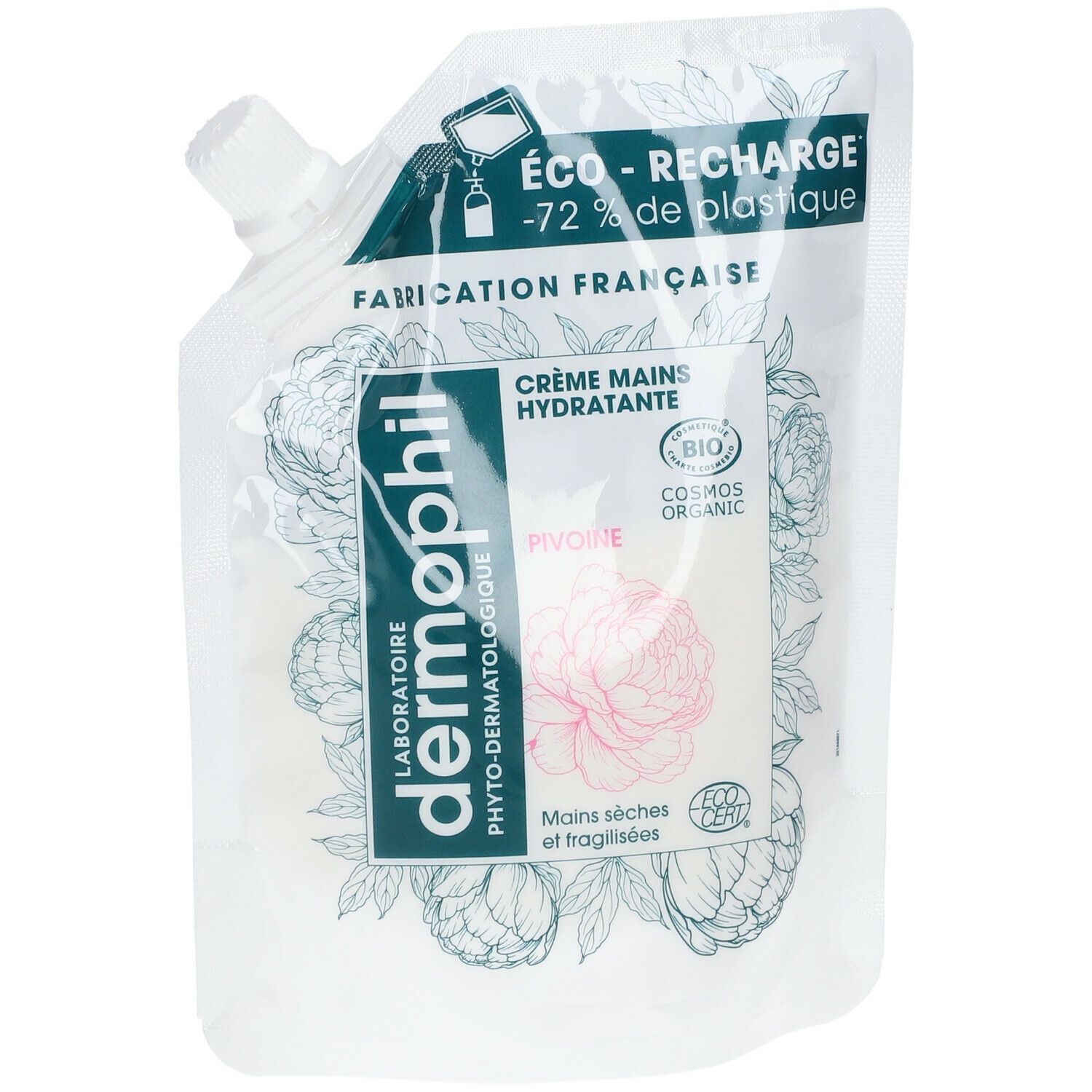 Recharge de crème pour les mains. Sachet blanc avec bouchon à vis. Inscription: Dermophil, Pivoine, certification Bio.