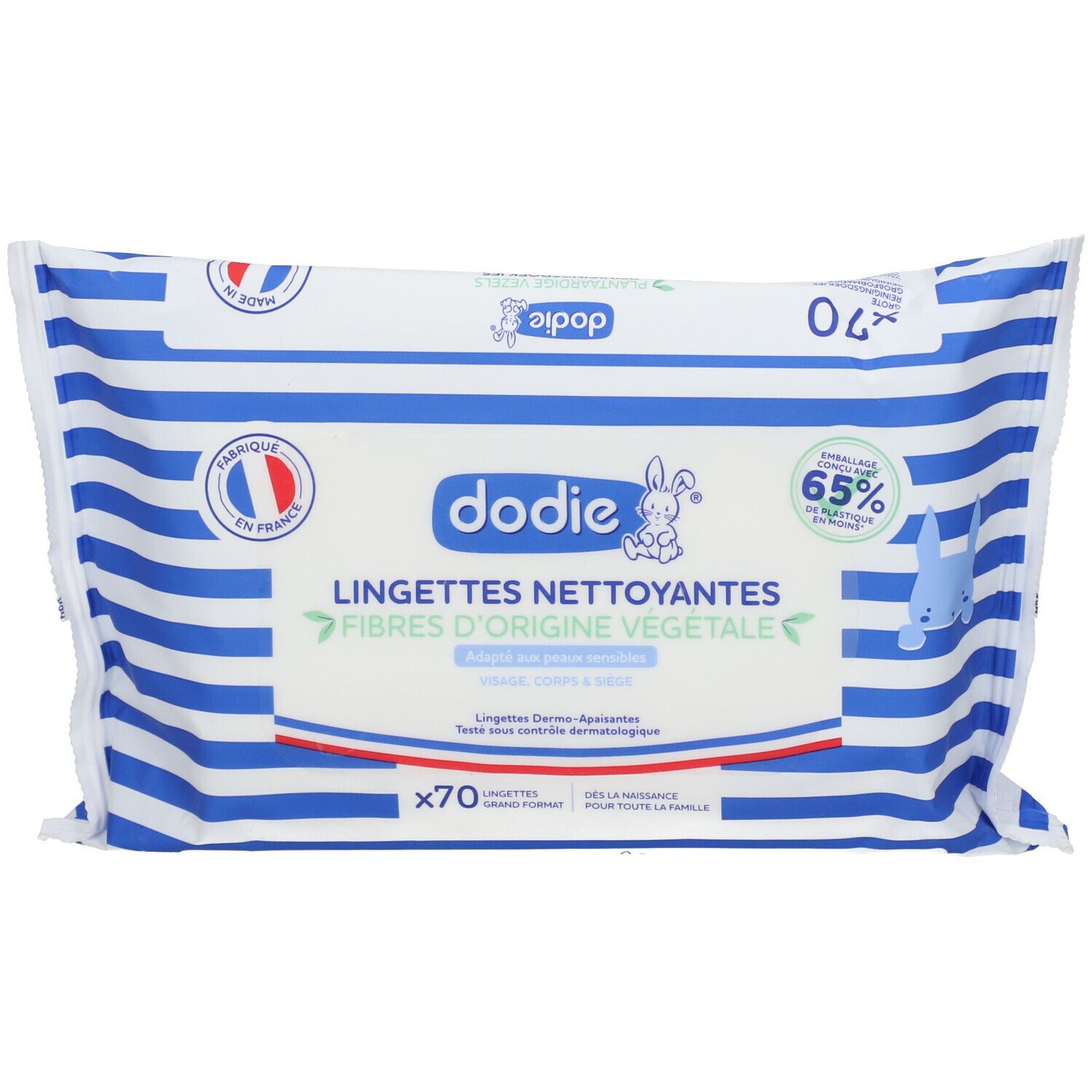 Paquet de lingettes nettoyantes Dodie. Emballage rayé bleu et blanc. Inscription : Lingettes Nettoyantes, 70 unités, 65% d'emballage recyclé.