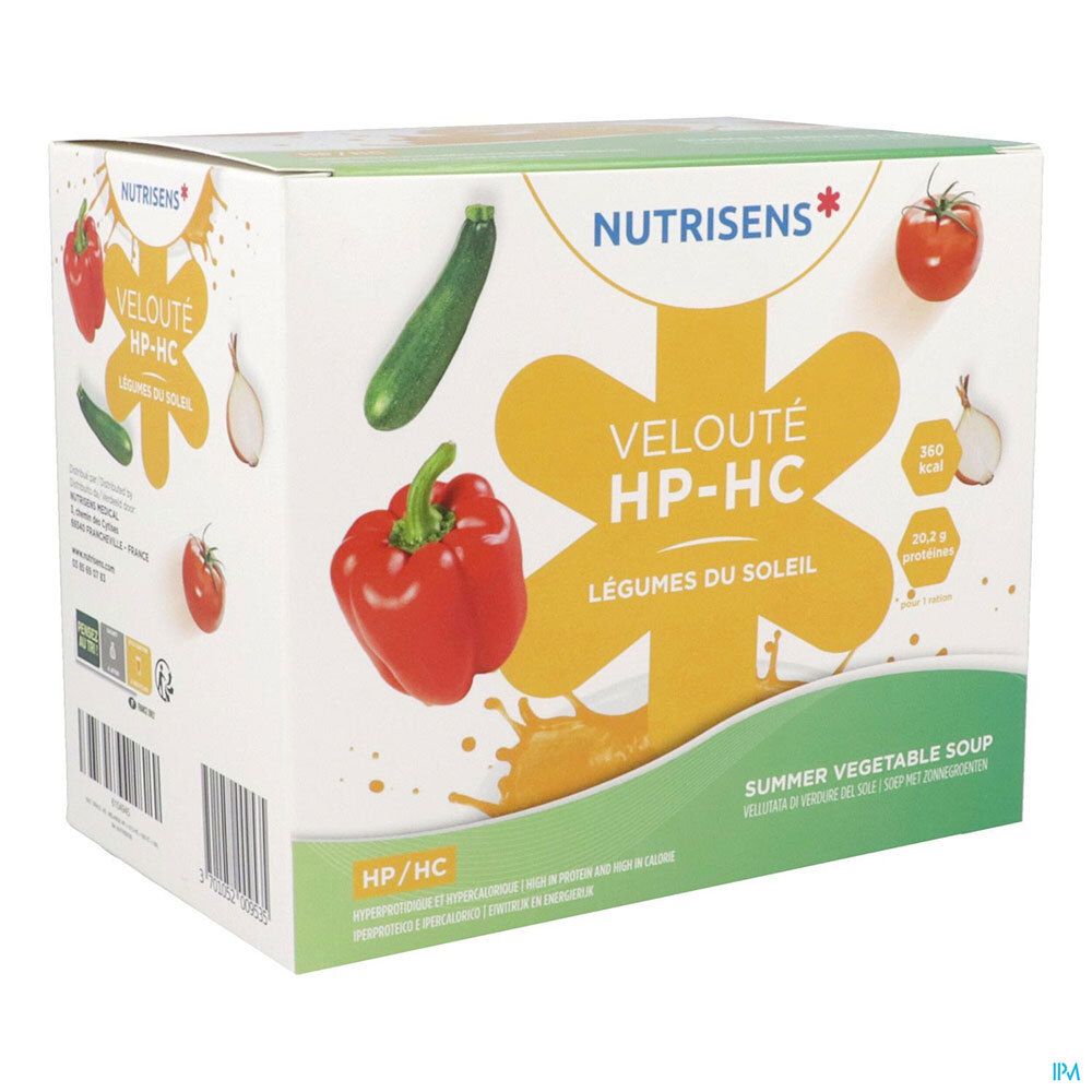 Boîte Nutrisens Velouté HP-HC. Légumes illustrés, logo, nom du produit, informations nutritionnelles, texte multilingue.