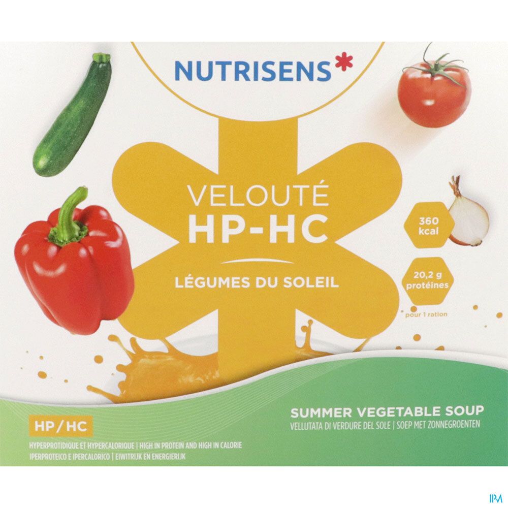 Gros plan sur l'emballage Nutrisens Velouté HP-HC. Logo, nom du produit, illustrations de légumes, informations nutritionnelles.