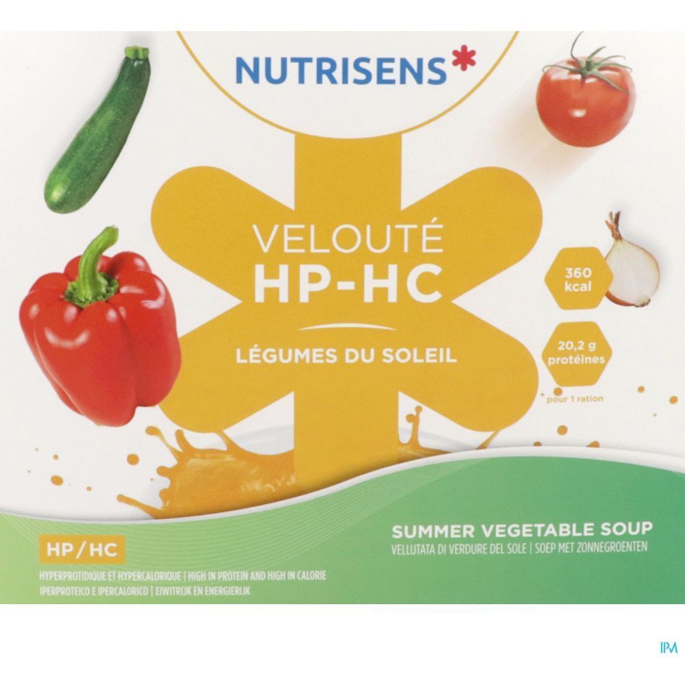 Emballage Nutrisens Velouté HP-HC. Logo, nom du produit, illustrations de légumes, informations nutritionnelles, texte multilingue.