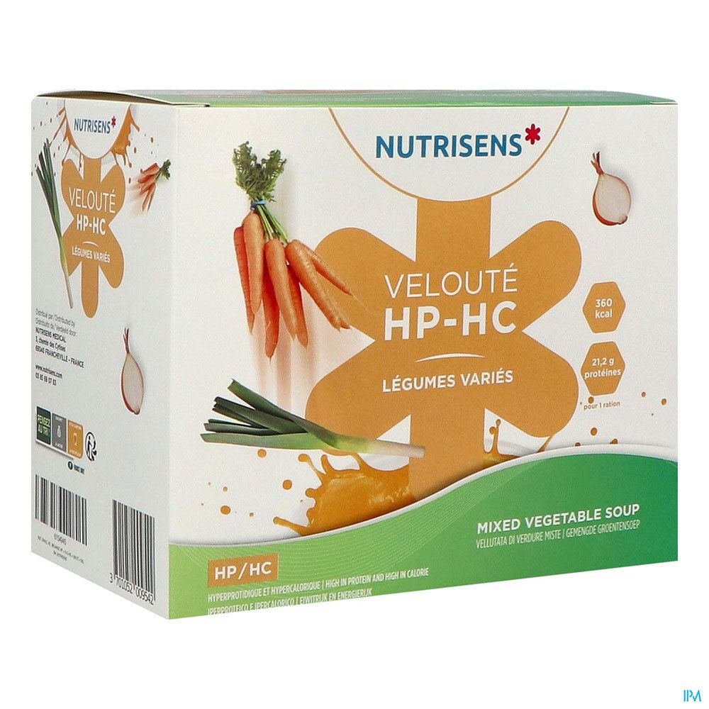 Boîte Nutrisens Velouté HP-HC. Illustration de légumes, informations nutritionnelles et nom du produit.