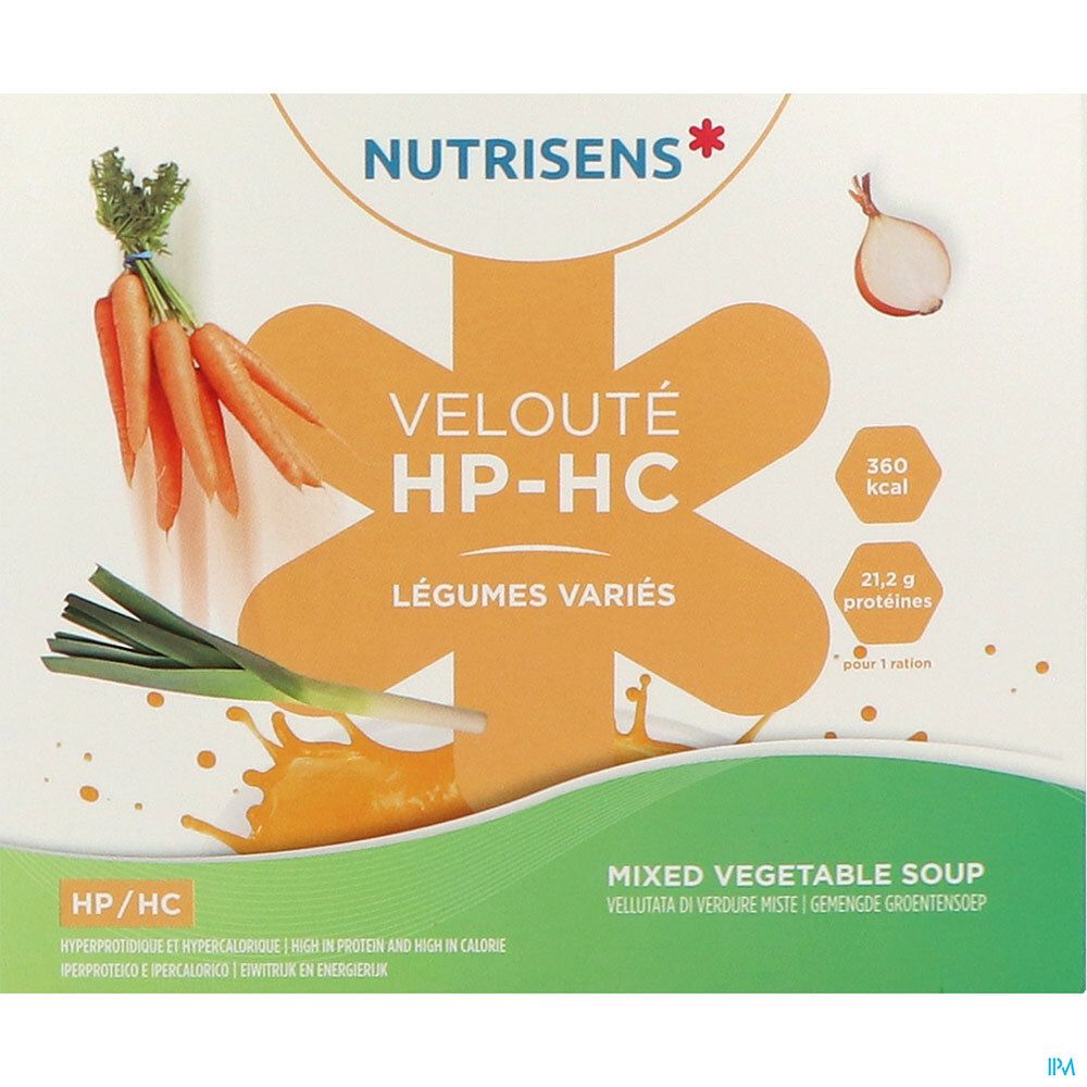 Gros plan sur l'emballage du produit Nutrisens Velouté HP-HC. Illustration de légumes et informations nutritionnelles.
