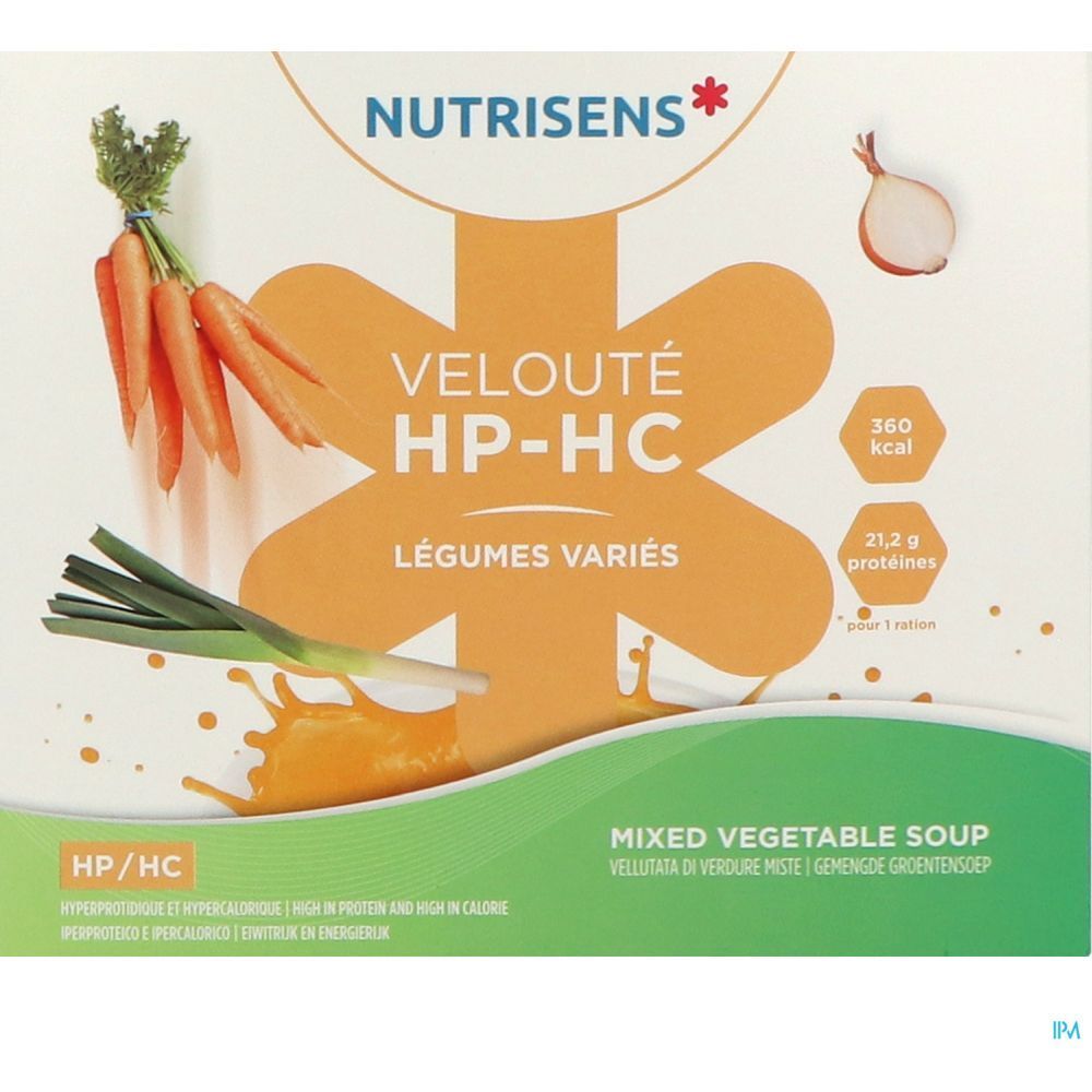 Emballage du produit Nutrisens Velouté HP-HC. Illustration de légumes, informations nutritionnelles et nom du produit.