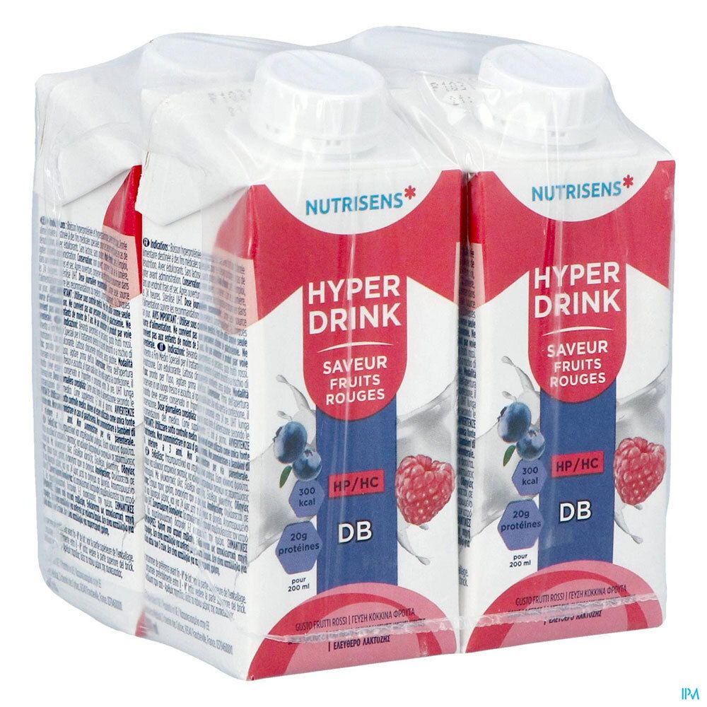 Emballage de 6 boissons. Inscription: Hyper Drink, saveur fruits rouges, 20g protéines, 200 kcal. Marque: Nutrisens.