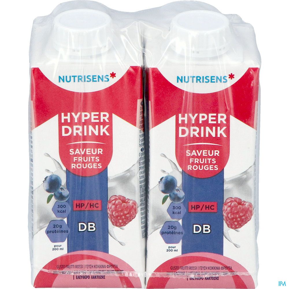Emballage de 2 boissons. Inscription: Hyper Drink, fruits rouges, 300 kcal, 20g protéines. Marque: Nutrisens.
